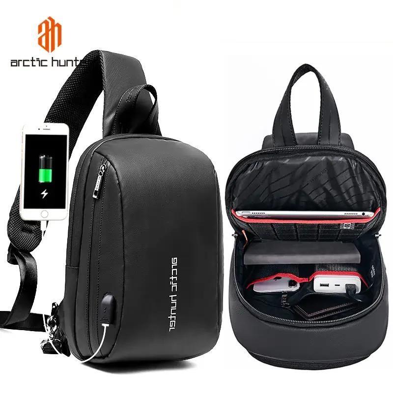 Arctic Hunter Cross-Body Sling Bag: Water-Resistant, Anti-Theft, Unisex Shoulder Bag with Built-In USB Port for Travel, Business, and Shopping XB00081 Black