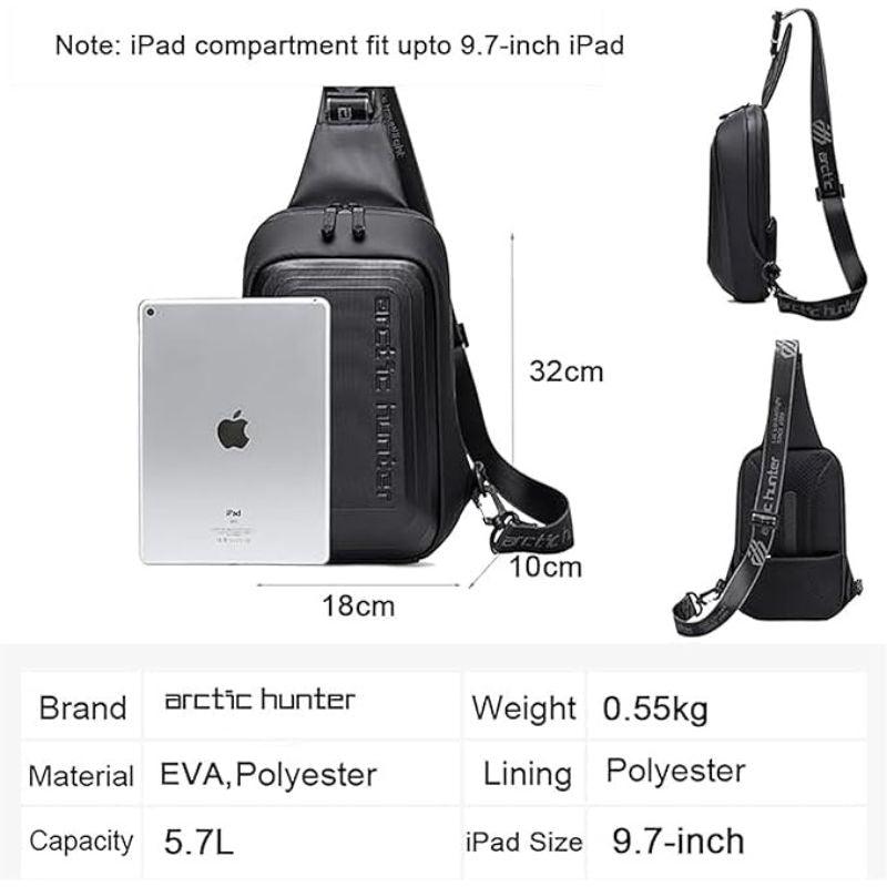 Arctic Hunter Semi Hard Shell Cross-Body Bag - Water Resistant, Anti-Theft Unisex Fashion Shoulder Bag for Travel, Business, and Casual Use, Model XB00126 Black