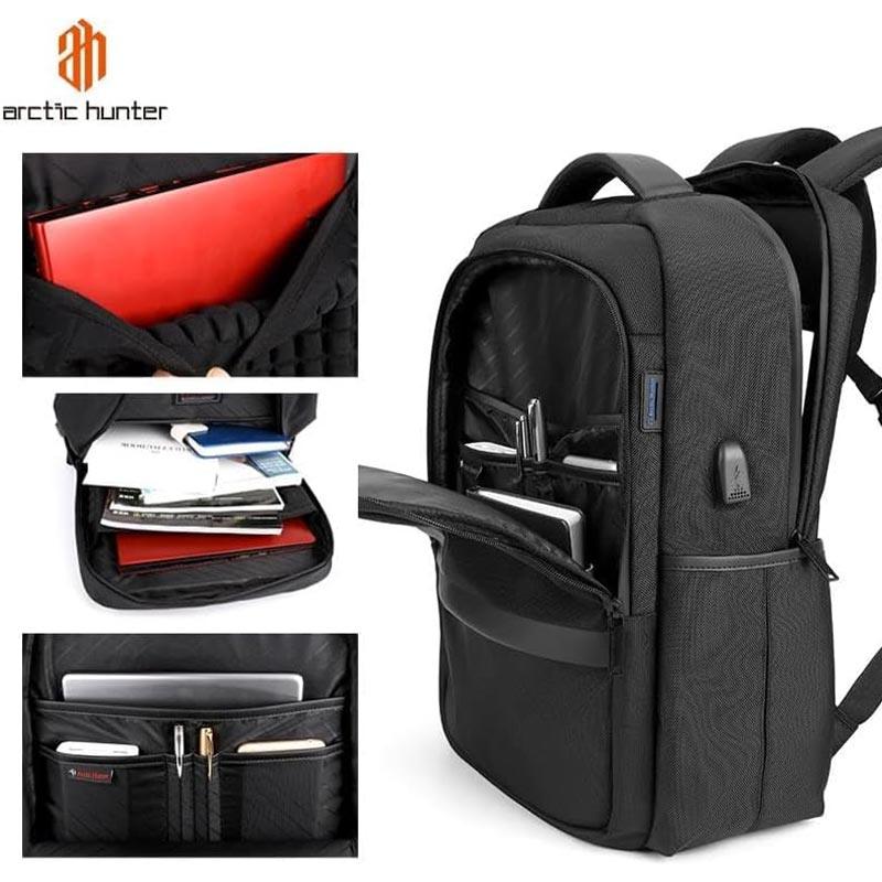 Arctic Hunter Casual Travel Backpack - Water-Resistant Unisex School College Bag with Built-In USB Port and Laptop Compartment for Men and Women, B00120C Black